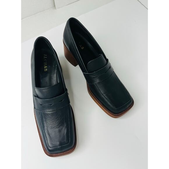 ALOHAS Roxanne Black Leather Platform Loafers Sz 37 Retro Chunky Slip-On Shoes - Picture 4 of 11